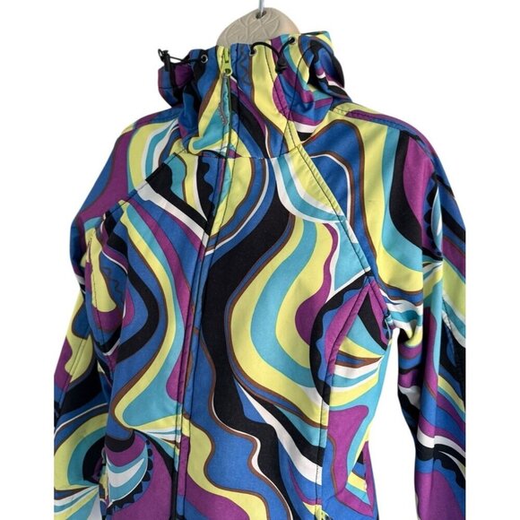 Athleta Womens Sz S Purple Blue Yellow Swirl Zip Hooded Fleece Lined Jacket - Picture 2 of 15